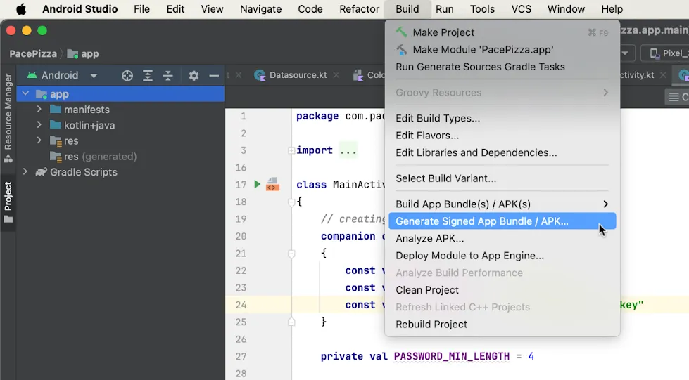 Android Studio selecting generating APK/AAB signing