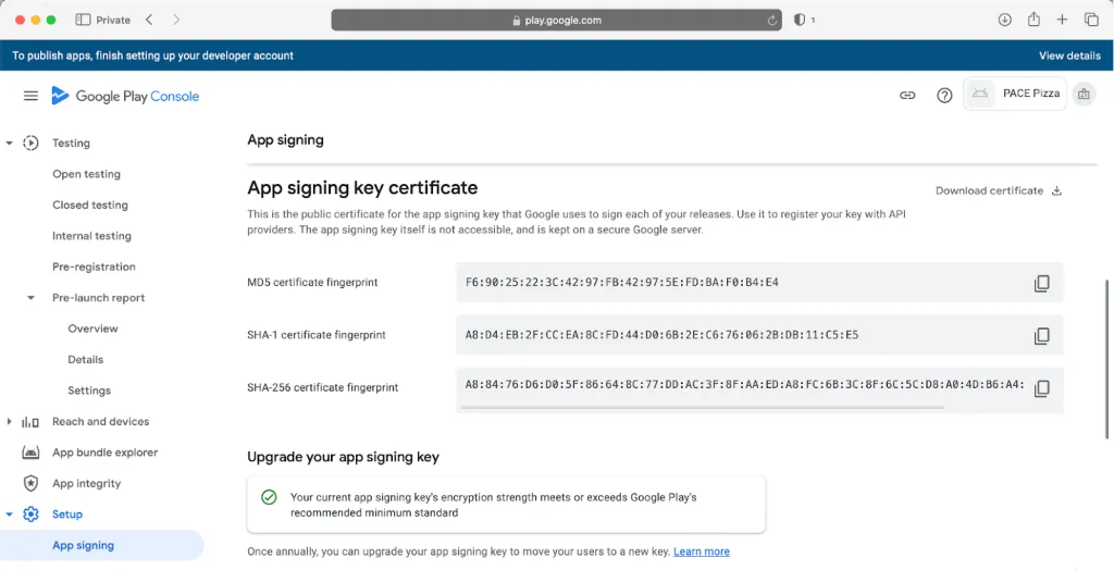 App Signing Key Certificate in Google Play Console