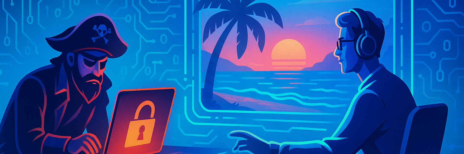 Vibe-authored banner of a pirate at a laptop and a vibe coder